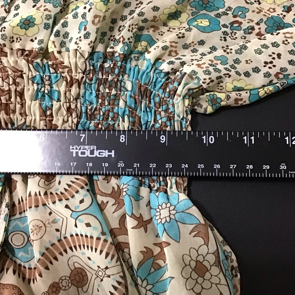 Boho Long Sheer Floral Maxi Dress XL Blue and Cream Prairiecore - Picture 7 of 9